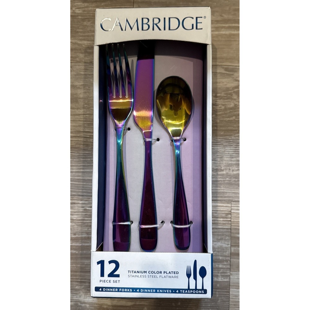 New Cambridge‎ 12 Piece Stainless Steel Rainbow Color Titanium Flatware Set